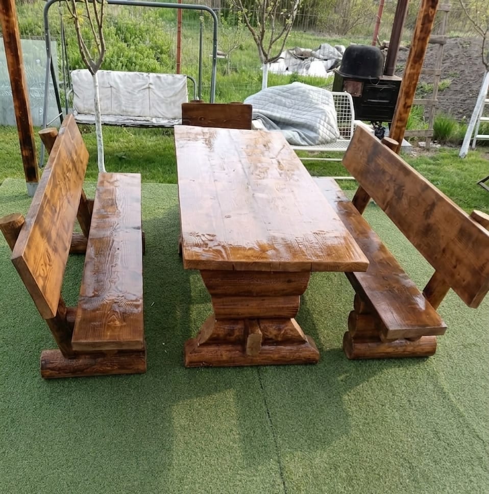 Set masă cu 2 băncuțe din bușteni 200 cm