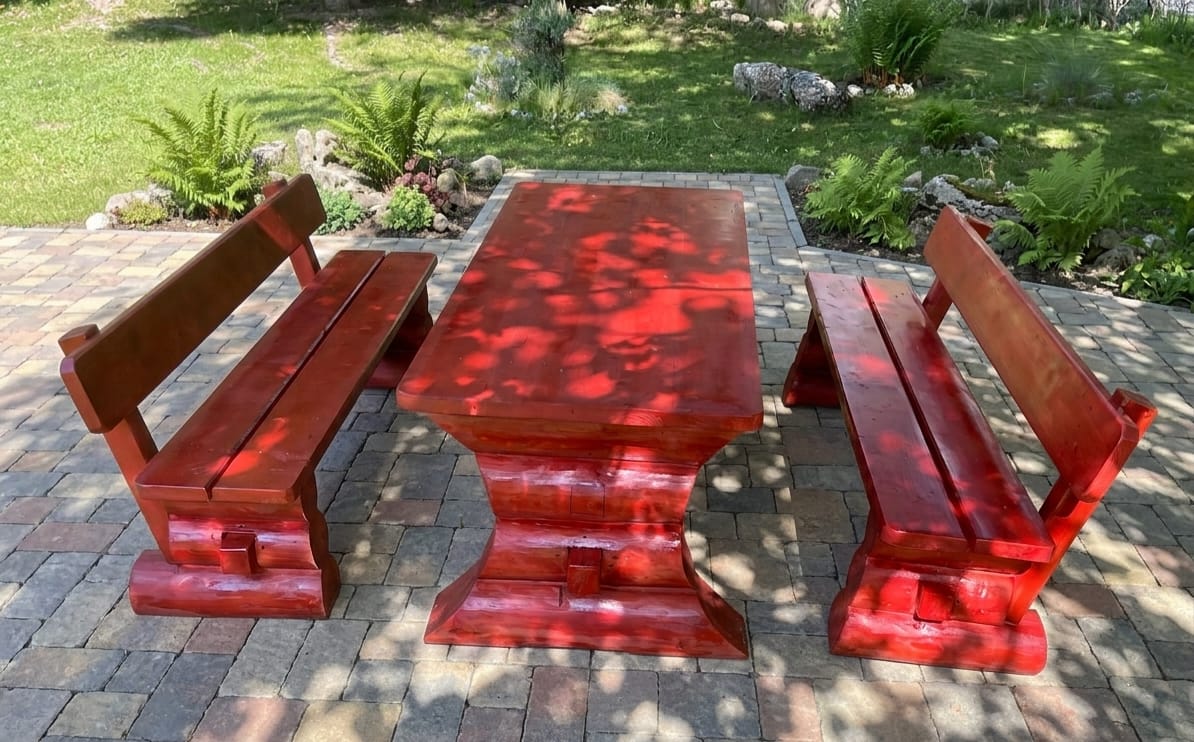 Set masă cu 2 băncuțe din bușteni 300 cm