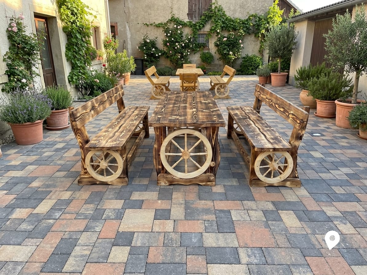 Set masă cu băncuțe model roată H 300 cm