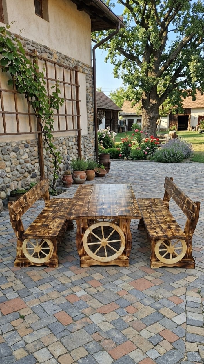 Set masă cu băncuțe model roată H 300 cm