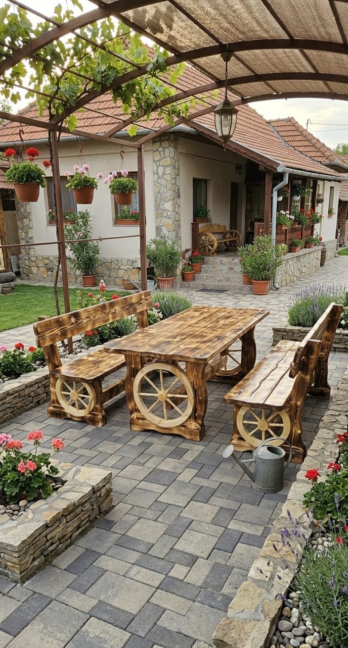 Set masă cu băncuțe model roată H 300 cm