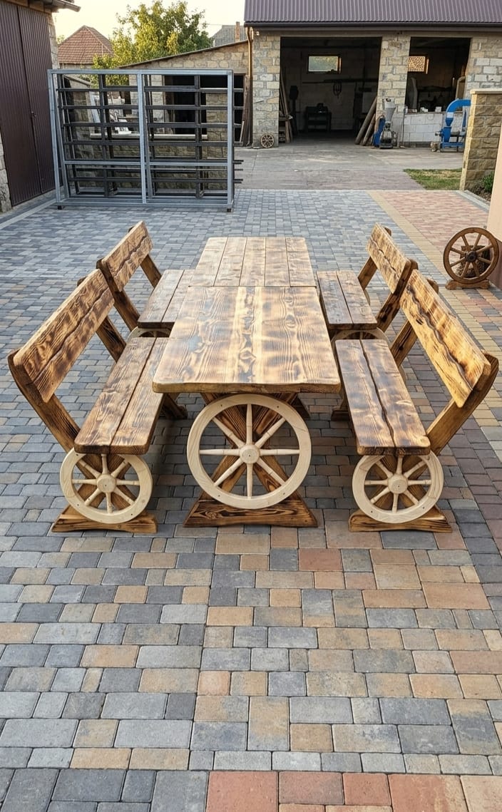 Set masă cu băncuțe model roată X 200 cm