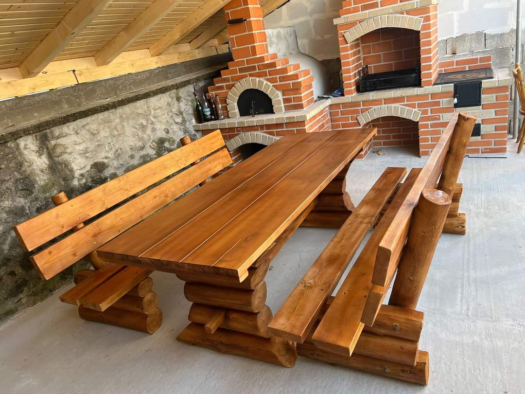 Set rustic din lemn masiv cu 2 băncuțe 300 cm