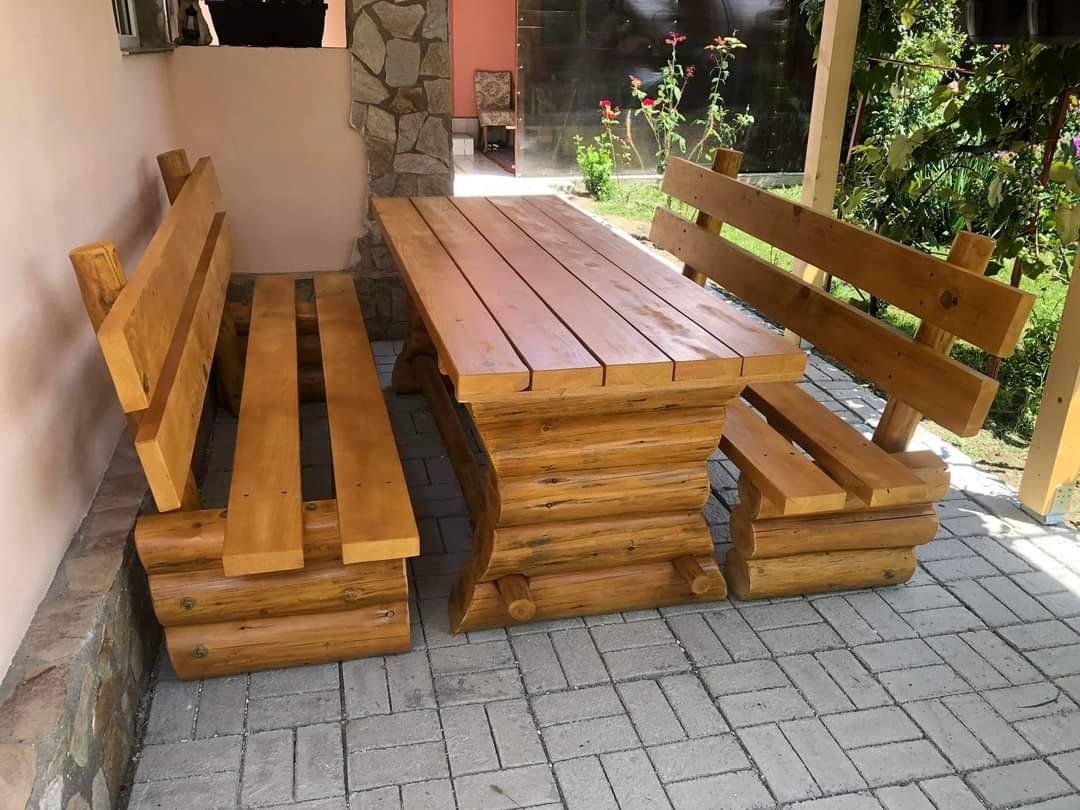 Set rustic din lemn masiv cu 2 băncuțe 300 cm