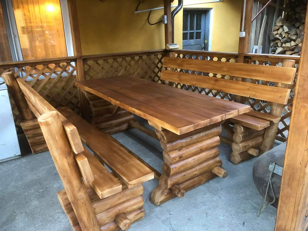 Set rustic din lemn masiv cu 2 băncuțe 300 cm