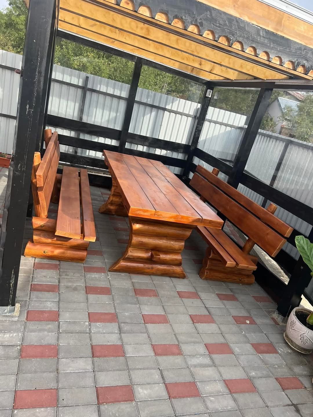 Set rustic din lemn masiv cu 2 băncuțe 300 cm
