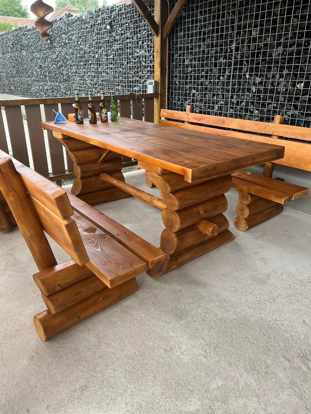 Set rustic din lemn masiv cu 2 băncuțe 200 cm