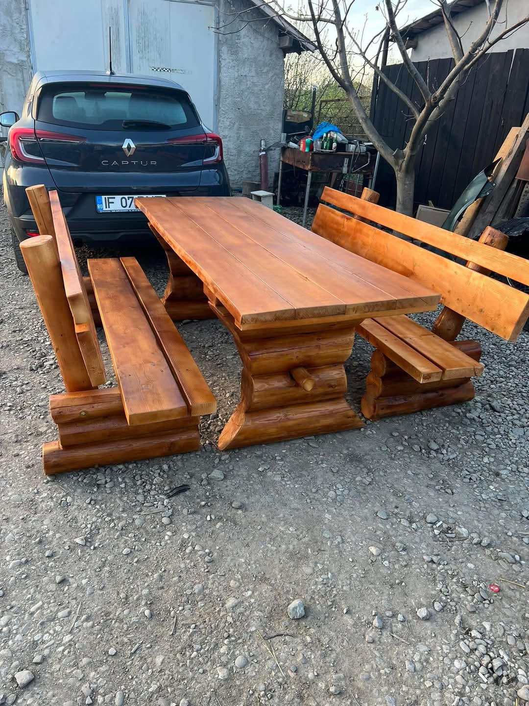 Set rustic din lemn masiv cu 2 băncuțe 200 cm