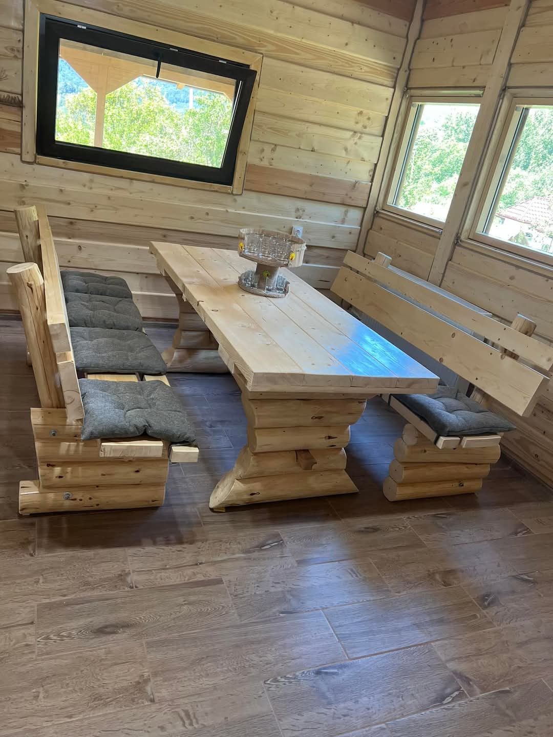Set rustic din lemn masiv cu 2 băncuțe 200 cm