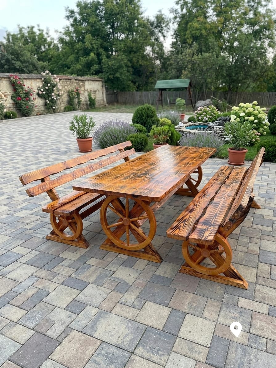 Set masă cu băncuțe model roată X 300 cm