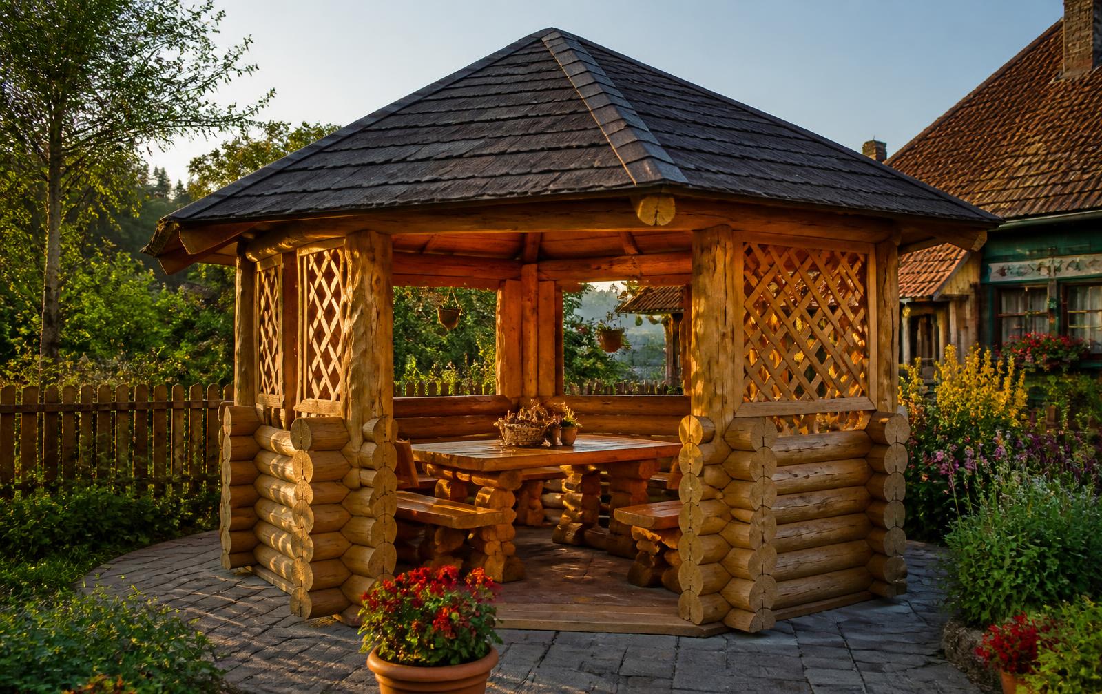 Foișor rustic din bușteni de lemn într-o grădină